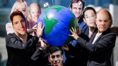 Люди в масках мировых лидеров держат глобус