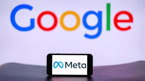 In this photo illustration, the Meta logo is seen displayed on a mobile phone screen with Google logo in the background.