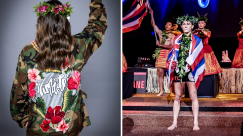Ilima-Lei Macfarlane in an army patter jacket beside a picture of her making her ring walk in Hawaii