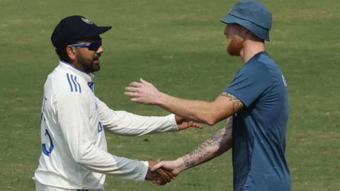 India captain Rohit Sharma and England skipper Ben Stokes shake hands at the conclusion of the second Test