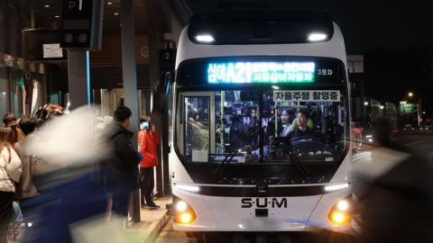 The A21 self-driving bus on a street in Seoul, South Korea.