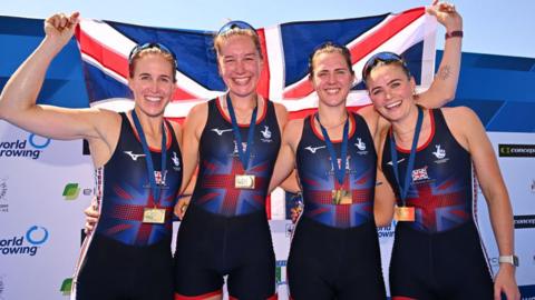 Left to right: Helen Glover, Esme Booth, Samantha Redgrave and Rebecca Shorten of Great Britain winning gold at the World Rowing Cup