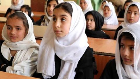 Girl students are seen in a class in Kabul, Afghanistan