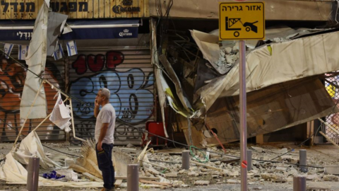 Damaged shop in Tel Aviv, hit by a rocket fired by Hamas on 7 October