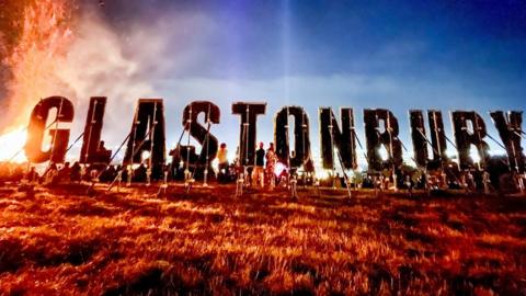 Illuminated Glastonbury Festival sign
