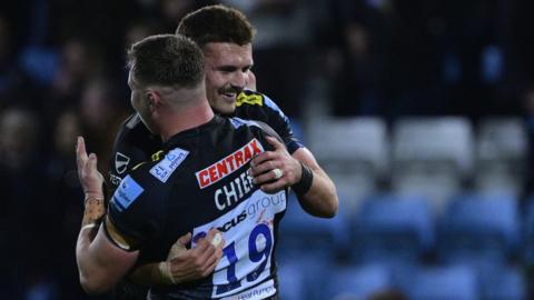 Henry Slade celebrates kicking the winning penalty for Exeter against Gloucester