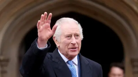 King Charles leaves after attending the Easter Matins Service at St. George's Chapel, Windsor Castle,