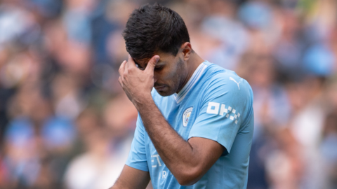 Manchester City's Rodri reacts after being sent off against Nottingham Forest
