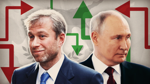 Graphic showing composite pics of Roman Abramovich and Vladimir Putin, surrounded by arrows