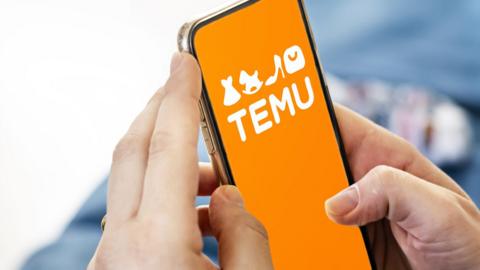 hands holding a phone with Temu logo displayed on the screen