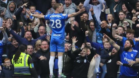Jay Stansfield celebrates after scoring for Birmingham