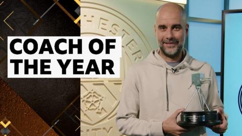 Pep Guardiola poses with SPOTY trophy