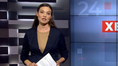 A female news presenter on a Russian TV-channel broadcasting in the annexed Crimea and the occupied territories of southern Ukrainian