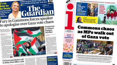 The front pages of the Guardian and the i paper in a composite image