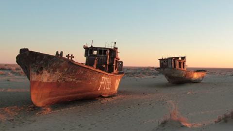 Boats stranded in the dried out Aral Sea
