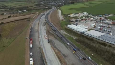 An aerial photo showing the roadworks at Carland Cross in March 2024