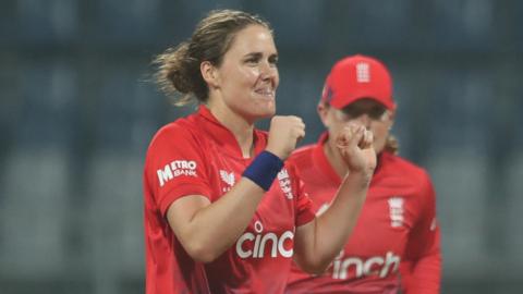 England's Nat Sciver-Brunt celebrates taking a wicket