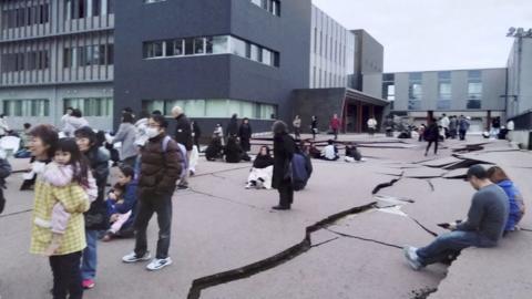 Huge cracks split roads in central Japan following the powerful earthquake on new year's day