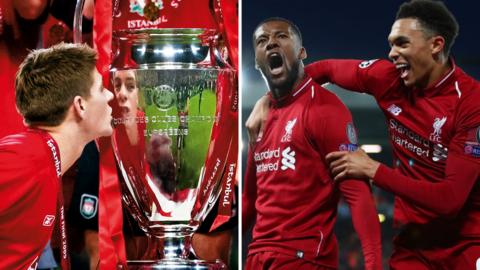 Split image: Left Steve Gerrard kisses the Champions League trophy; Right Liverpool players celebrates after beating Barcelona in 2019