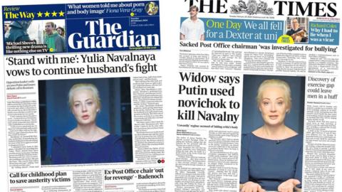 The headline in the Guardian reads "'Stand with me': Yulia Navalnaya vows to continue husband's fight', while the headline in The Times reads "Widow says Putin used novichok to kill Navalny"