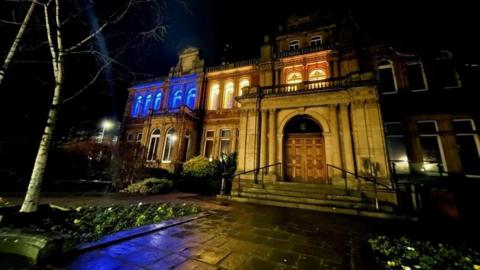 Penrith Town Hall lit in the colours of the Ukrainian flag