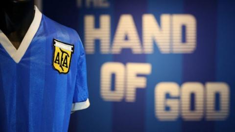 Maradona's "Hand of God" shirt on display at Sotheby's ahead of its auction