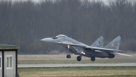 A Polish Air Force MiG 29 fighter during a flight in February 2023