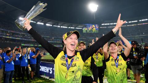 Australia captain Meg Lanning celebrates winning the 2020 Women's T20 World Cup