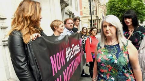 Grainne Teggart (right) and Sarah Ewart (second right) arrive at the Supreme Court, Westminster where UK"s highest court is to rule on Northern Ireland abortion law challenge. PRESS ASSOCIATION Photo. Picture date: Thursday June 7, 2018. See PA story COURTS Abortion. Photo credit should read: Stefan Rousseau/PA Wire