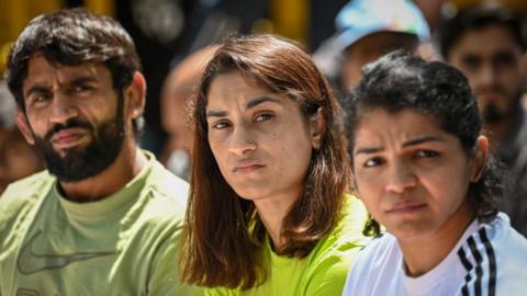 Indian Wrestlers, Bajrang Punia, along with Vinesh Phogat and Sakshi Malik addresses a press conference during their ongoing protest against Wrestling Federation of India's President at Jantar Mantar on April 25, 2023 in New Delhi, India.