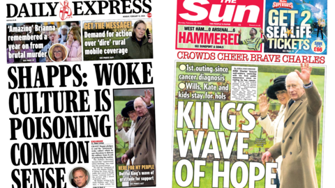 The headline on the Daily Express reads: Shapps: Woke culture is poisoning common sense and the headline in the Sun reads: King's wave of hope