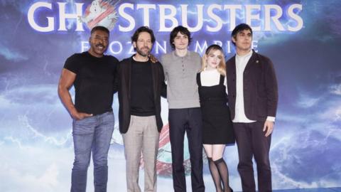 (lef-right) Ernie Hudson, Paul Rudd, Finn Wolfhard, Mckenna Grace and Gil Kenan during a photo call for the cast of Ghostbusters: Frozen Empire, at Claridges, London