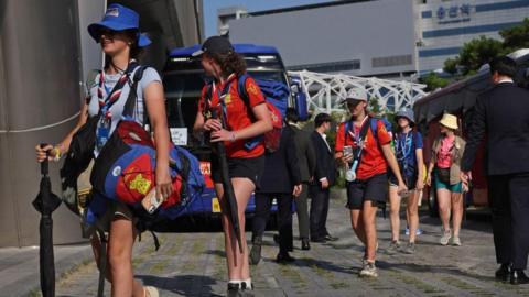 British Scouts arrive at a hotel in central Seoul, South Korea, 05 August 2023