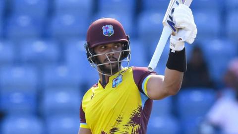 Brandon King acknowledges the crowd after batting for the West Indies