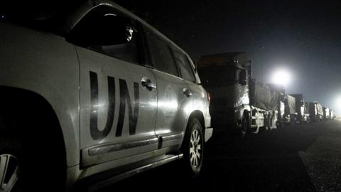 Handout from Israel Defense Forces (IDF) showing UN aid convoy entering northern Gaza for the first time in three weeks directly via Israel (12 March 2024)