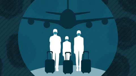 Graphic showing silhouette of family with suitcases and face coverings with aircraft approaching in the background