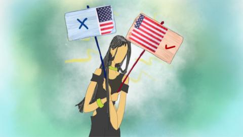 Illustration of a woman holding a US flag split in two