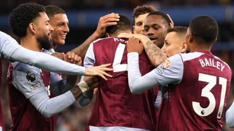 Ezri Konsa and Aston Villa celebrate a goal against Wolves in the Premier League