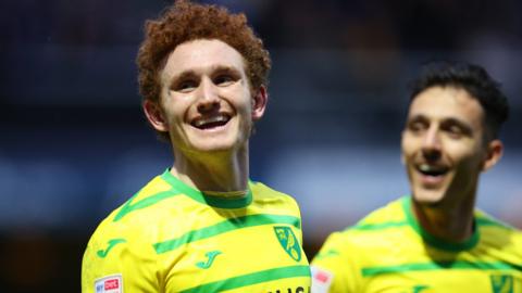 Josh Sargent of Norwich celebrates after scoring his side's second goal during the Sky Bet Championship match between Queens Park Rangers and Norwich City at Loftus Road on February 10, 2024 in London, England.