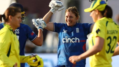 England captain Heather Knight celebrates hitting the winning runs v Australia in the first ODI at Bristol