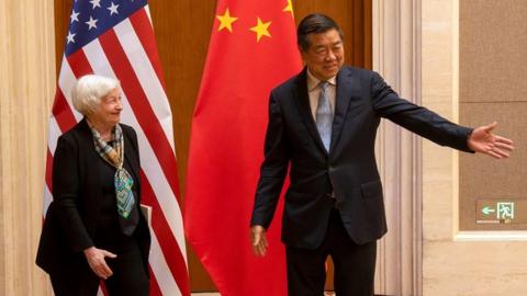 Chinese Vice Premier He Lifeng, right gestures to U.S. Treasury Secretary Janet Yellen during a meeting at the Diaoyutai State Guesthouse in Beijing, China