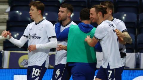 Goal celebrations for Will Keane of Preston North End during the Championship Match between Preston North End and Bristol City at Deepdale on 13 January 2024 in Preston, England