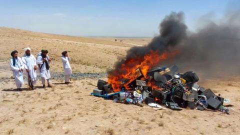 Taliban burn music instruments in Herat, Afghanistan