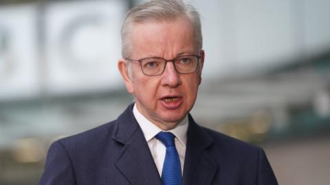 Secretary of State for Levelling Up, Housing and Communities, Michael Gove, speaks outside BBC Broadcasting House in London,
