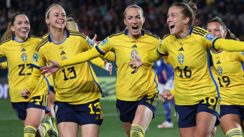 Sweden's players celebrate scoring against Japan at the Fifa Women's World Cup