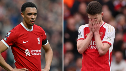 A split picture of Liverpool's Trent Alexander-Arnold and Arsenal's Declan Rice