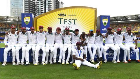 West Indies celebrate after winning the second Test to draw the series