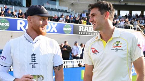 England captain Ben Stokes (left) and Australia captain Pat Cummins (right) talk after the final Ashes Test
