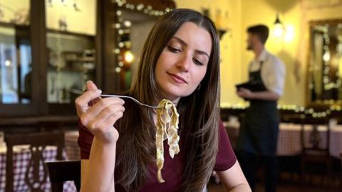 BBC reporter Sofia Bettiza tries cricket tagliatelle