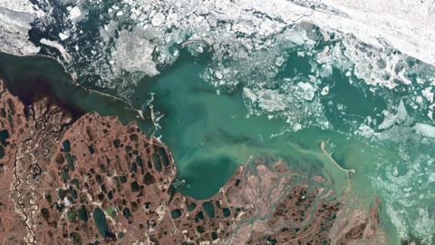 Satellite image shows Prudhoe Bay, North Slope Borough, Alaska